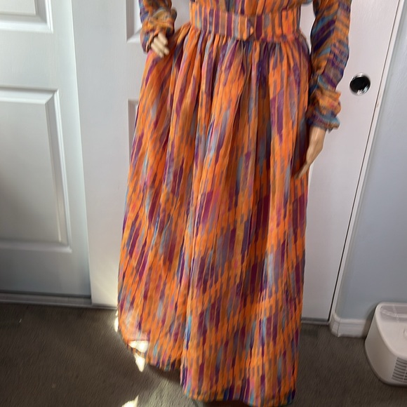 Vtg 60s 70s fabulous watercolor sheer overlay orange purple dress S - Picture 5 of 12